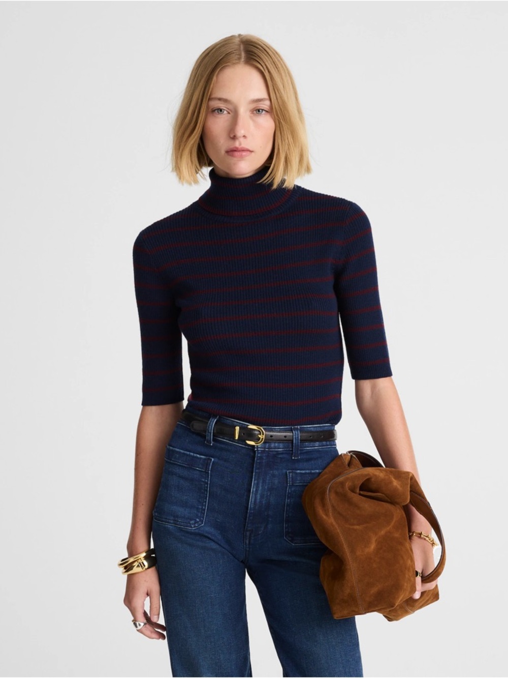 Madewell Ribbed Turtleneck Tee in Merino Wool Size XXS Deep Navy Stripe